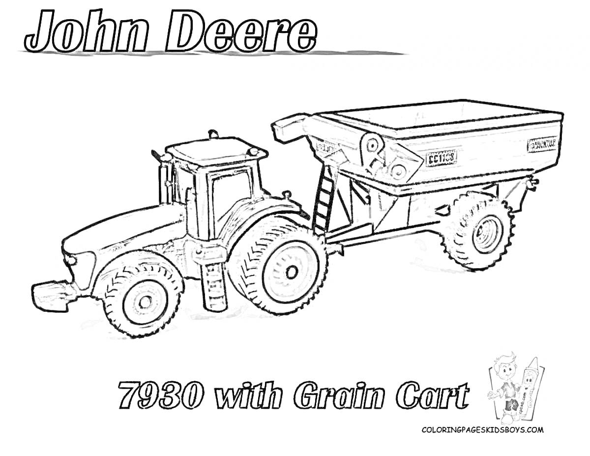 Раскраска Трактор John Deere с прицепом для зерна