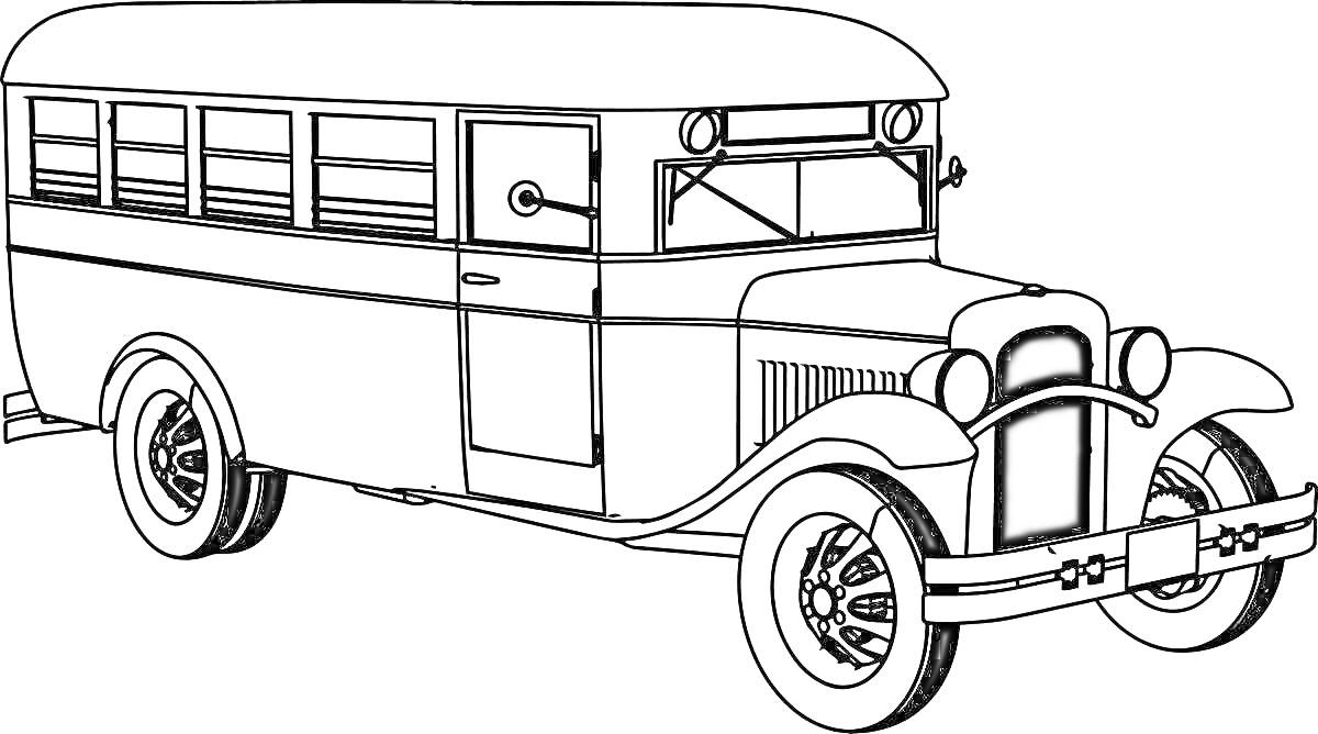 Раскраска Ретро автобус с большими колесами и прямоугольными окнами