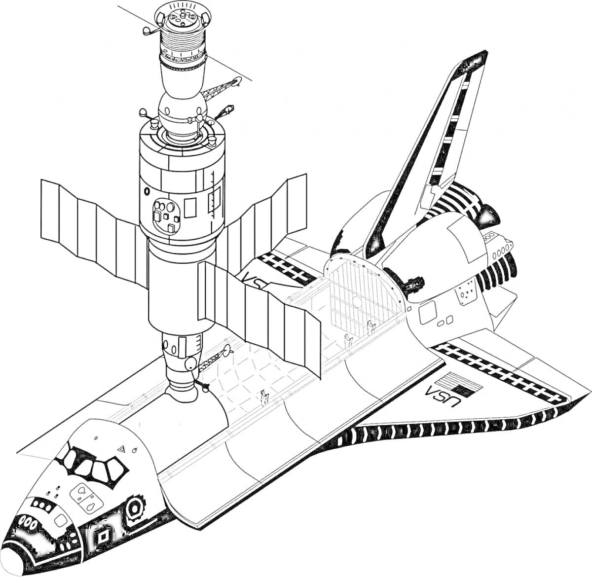 Раскраска Международная космическая станция и космический шаттл