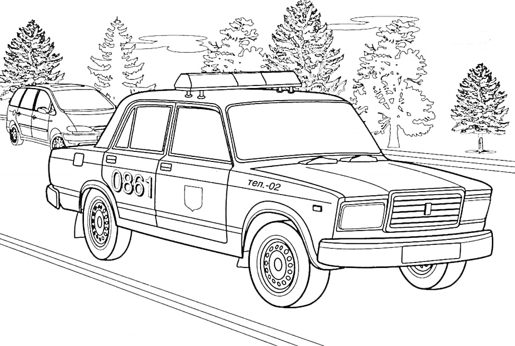 РаскраскаПолицейская машина на дороге с патрульной машиной и фоном леса