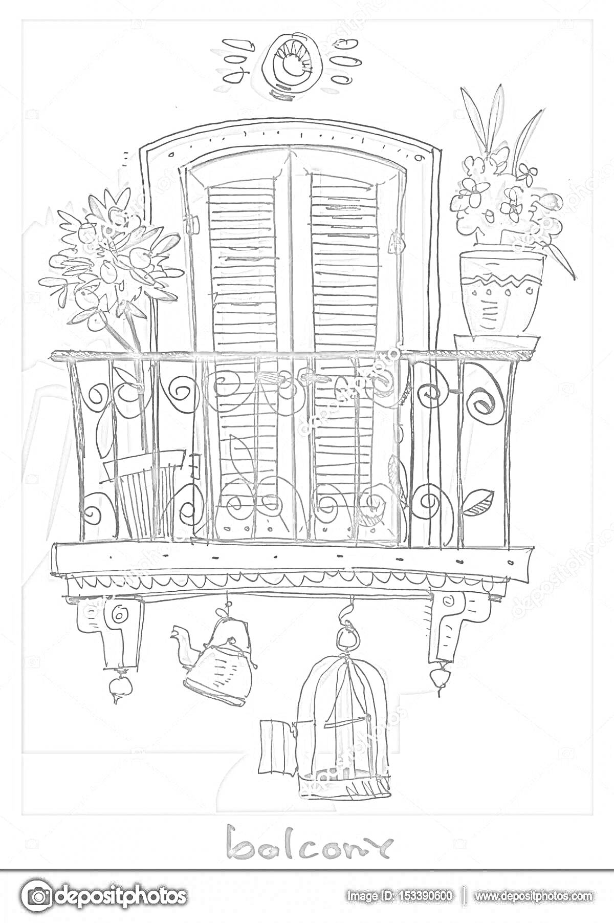 На раскраске изображено: Балкон, Ставни, Цветы, Горшки, Лейка, Кормушка, Декор, Растения