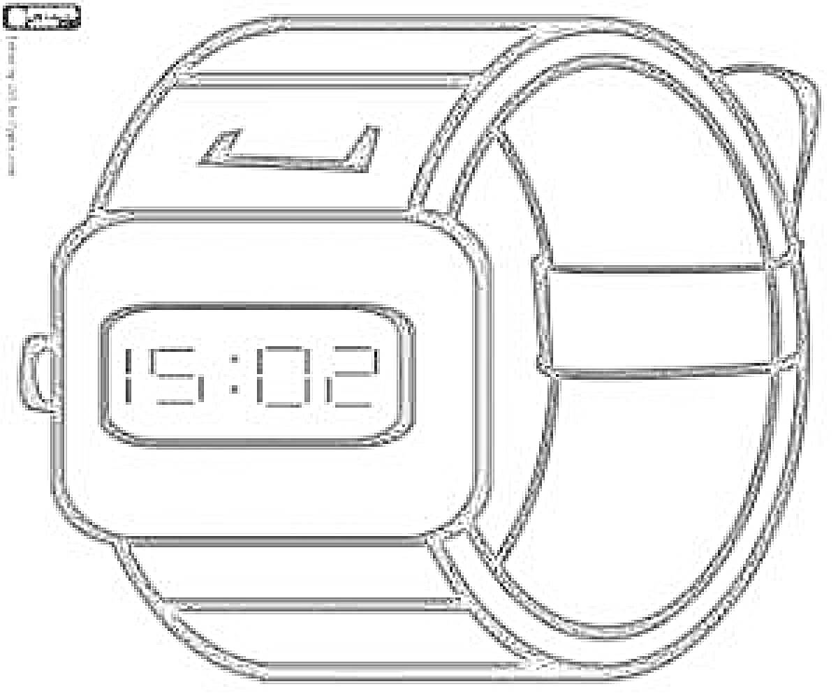 Раскраска Электронные часы с ремешком и дисплеем, показывающим время 15:02