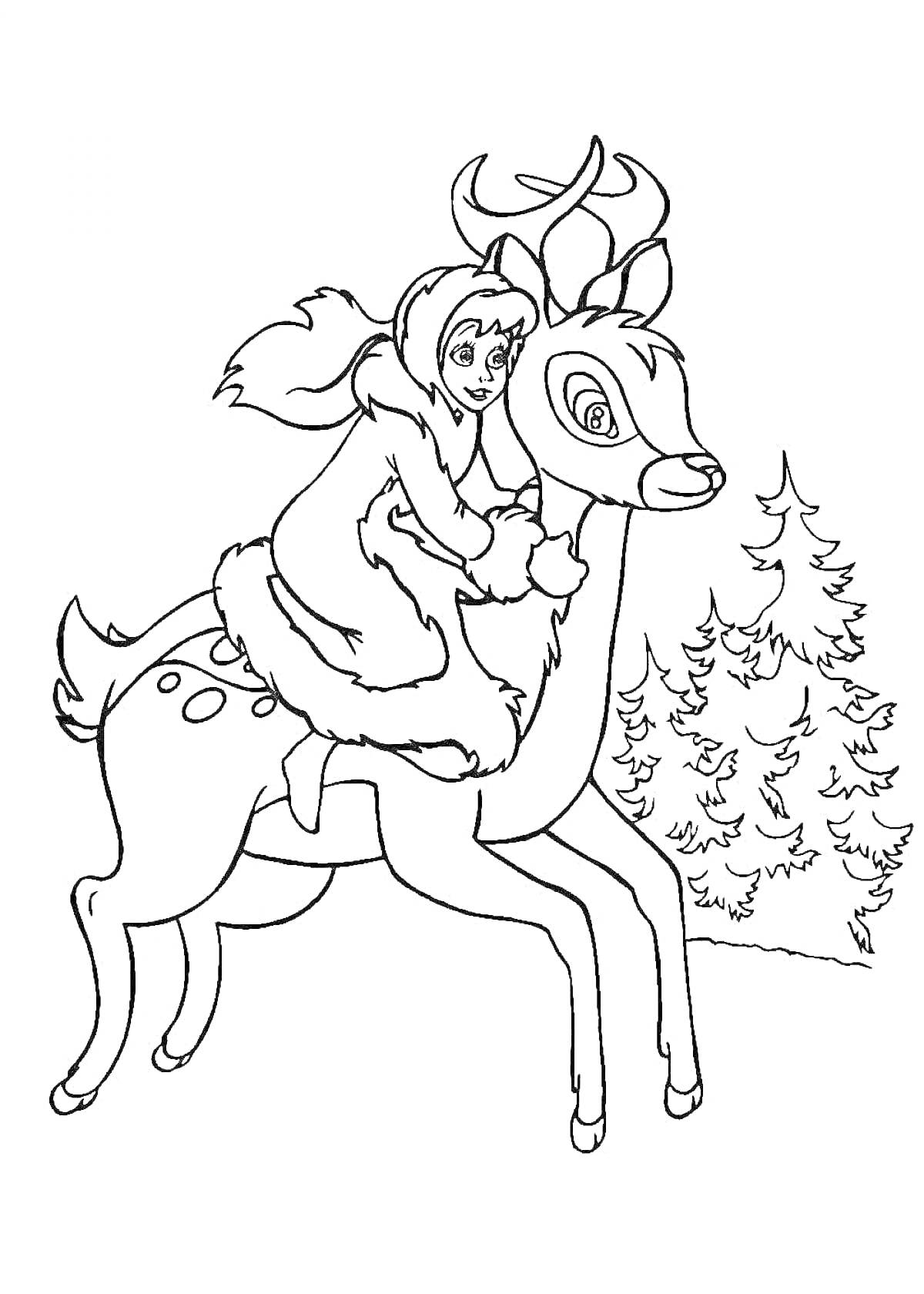 Раскраска Девочка в зимней одежде на олене в лесу