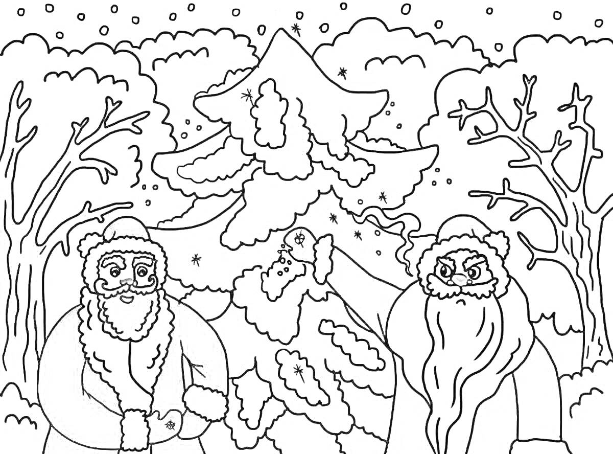  Два морозных персонажа с ёлкой и зимним пейзажем. Мороз в красной шубе слева и Мороз в синей шубе справа стоят возле украшенной новогодней ёлки, окружённой заснеженными деревьями.