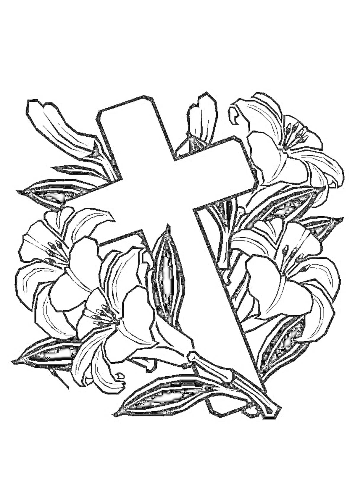 На раскраске изображено: Крест, Лилии, Цветы, Для детей, Религия, Христианство, Арт, Для печати