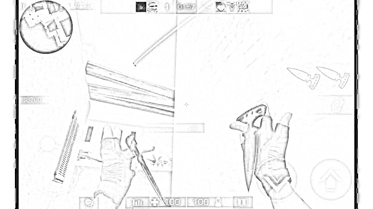 Раскраска игровая сцена из Standoff 2, игрок с двумя ножами, прицел на стене, мини-карта, интерфейс с показателями здоровья и брони.