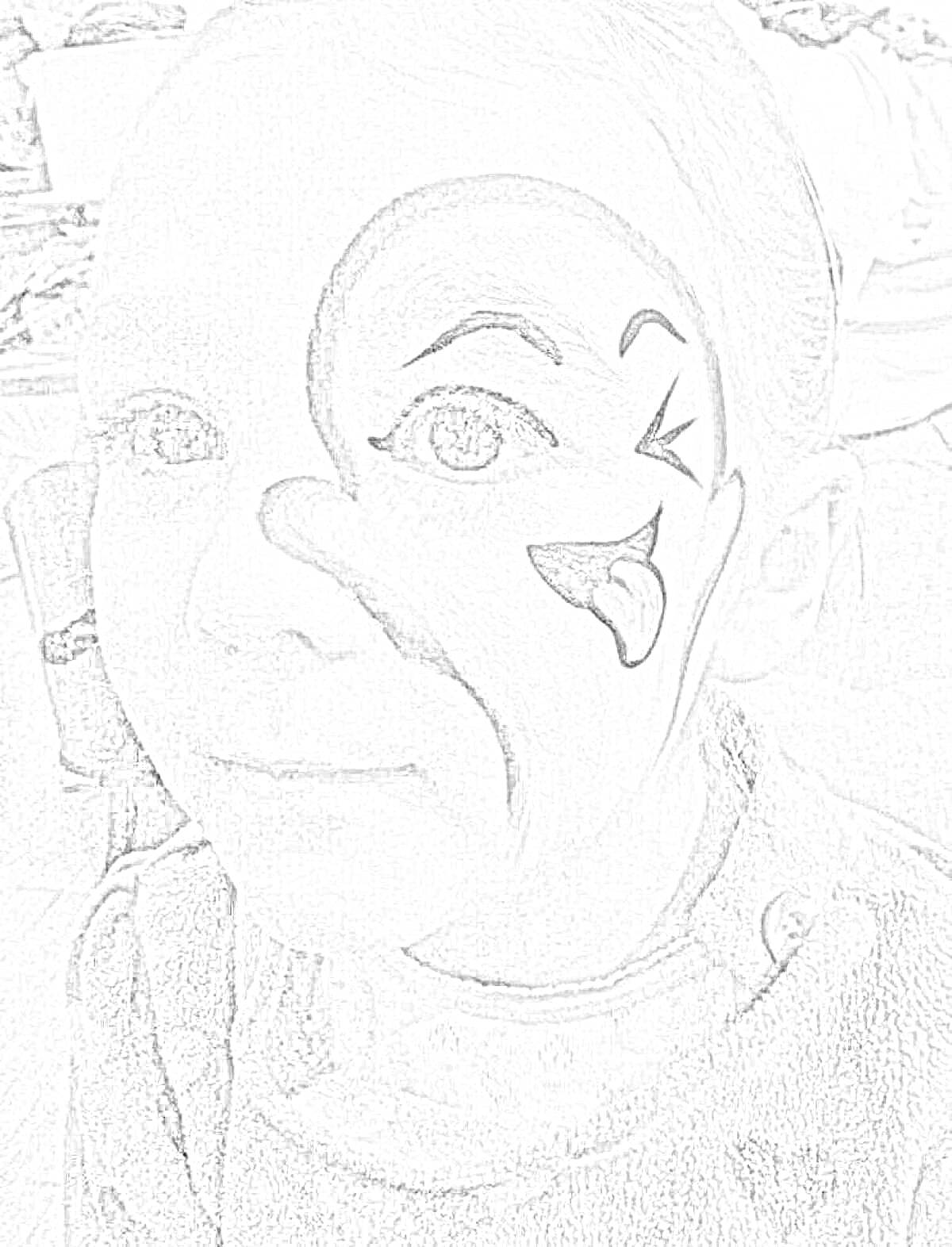 Раскраска Раскрашенное лицо с полукруглыми линиями и рисунком глаза, носа и рта, создающими иллюзию комического лика на одной половине лица