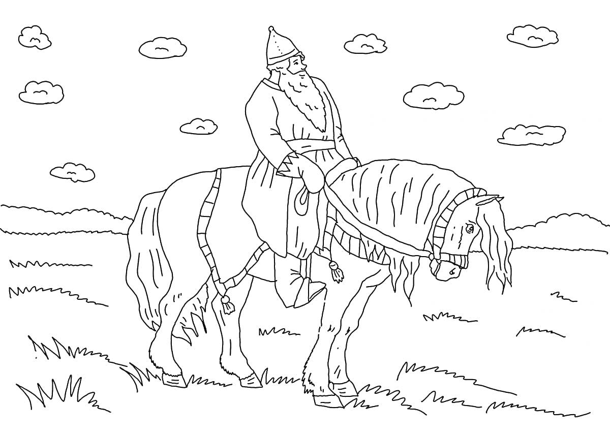 Илья Муромец на коне среди бескрайних полей с облаками на небе