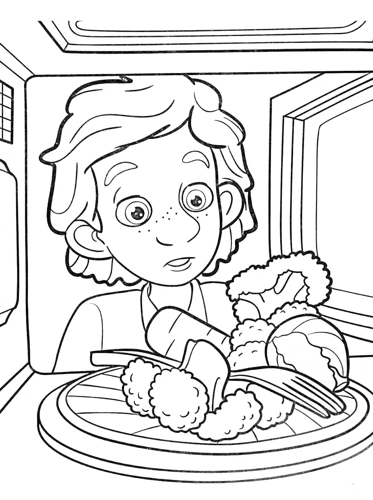 На раскраске изображено: Мальчик, Еда, Тарелка, Овощи, Куриные ножки, Кухня