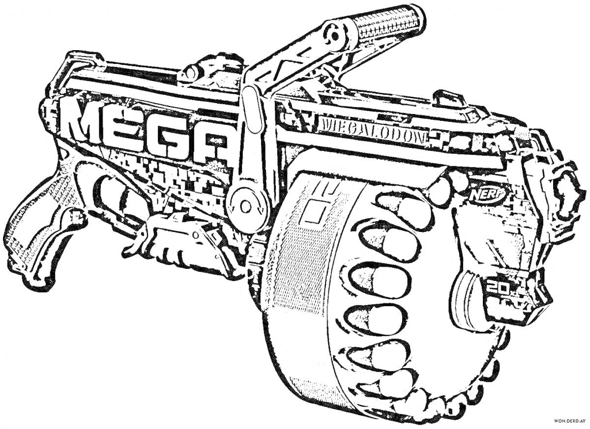 Раскраска Бластер Nerf Mega с большим барабаном для патронов и механизмом для стрельбы