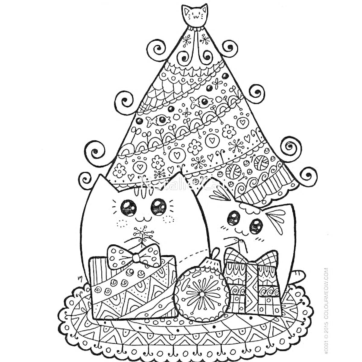 Раскраска Пушин и котенок с подарками под новогодней елкой