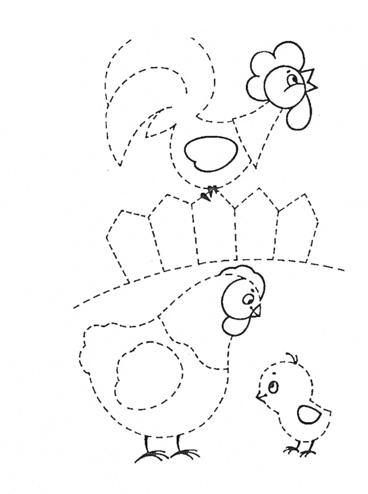 На раскраске изображено: Курочка, Петух, Цыплёнок, Забор, По точкам, Для детей, 3-4 года, Домашние животные