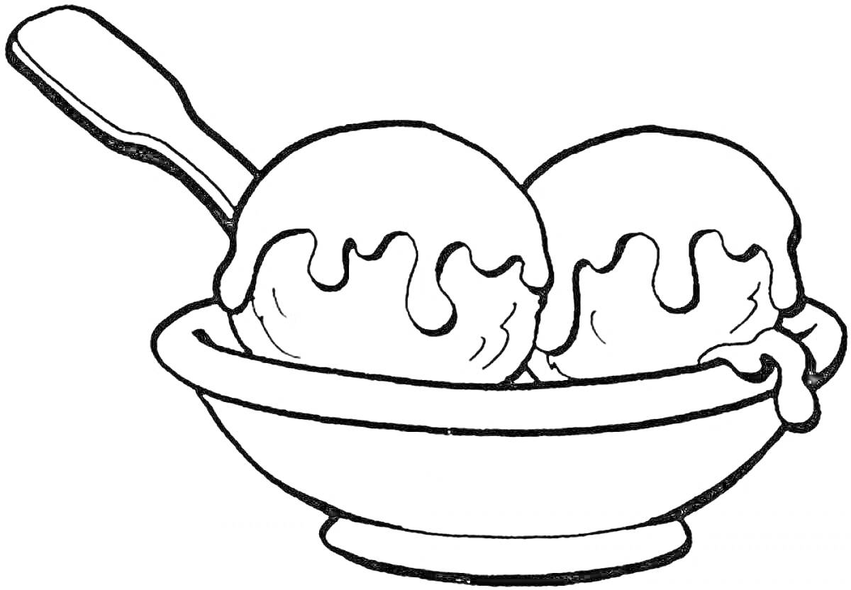 Раскраска Две порции мороженого с соусом в миске с ложкой