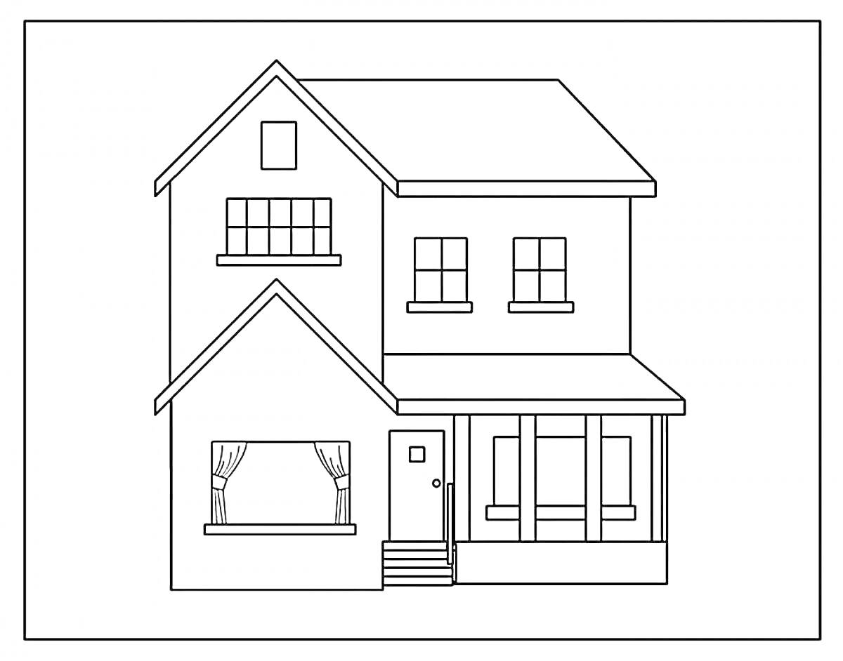 Двухэтажный дом с мансардой, окнами, дверью, лестницей и шторами