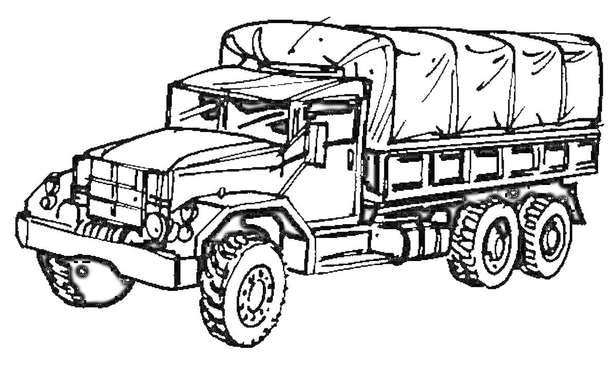 Раскраска Машина Урал с тентом, шасси с шестью колесами, кабина водителя, световая техника
