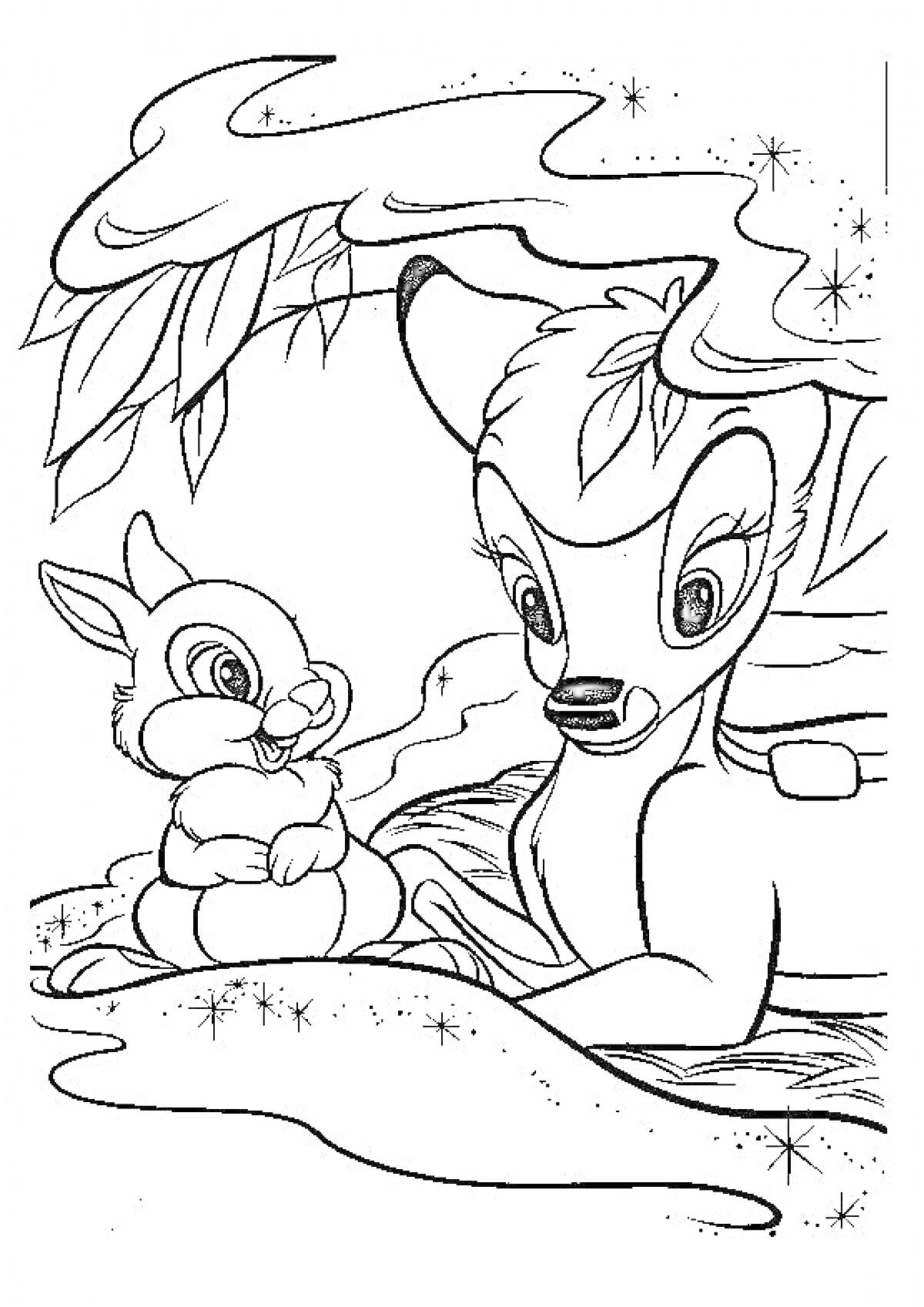 Раскраска Бэмби и кролик под веткой дерева