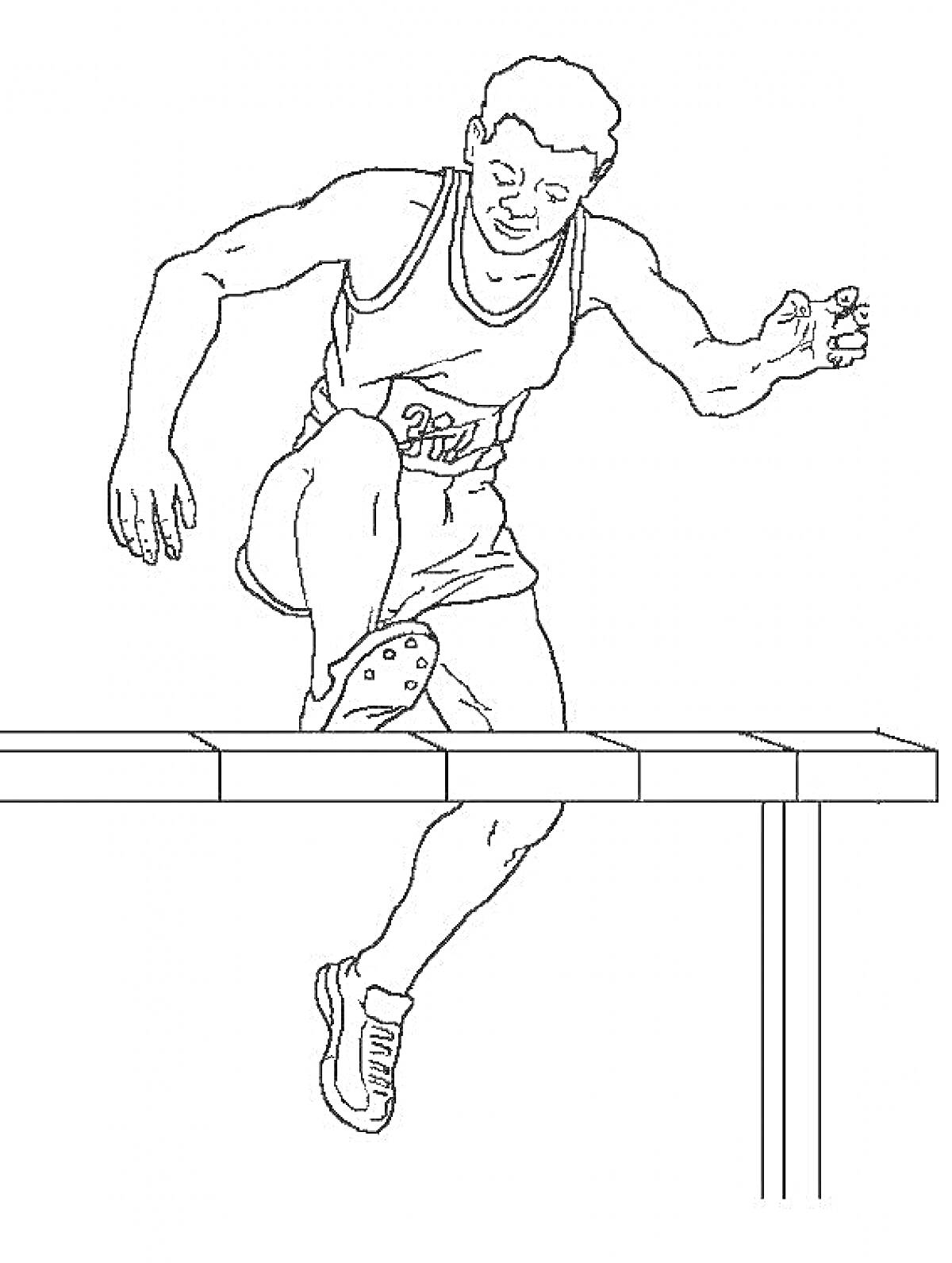 На раскраске изображено: Спортсмен, Бегун, Барьер, Спорт, Легкая атлетика, Форма, Кроссовки