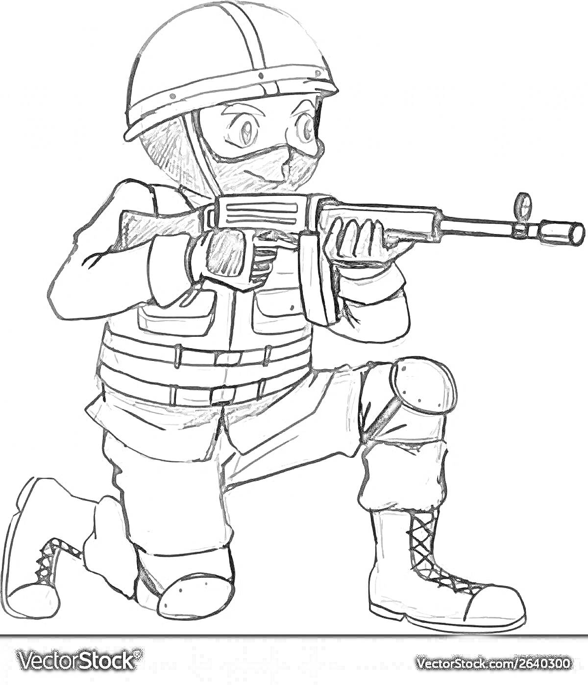 На раскраске изображено: Солдат, Военная экипировка, Автомат, Ботинки, Оружие, Боевик, Защитная маска