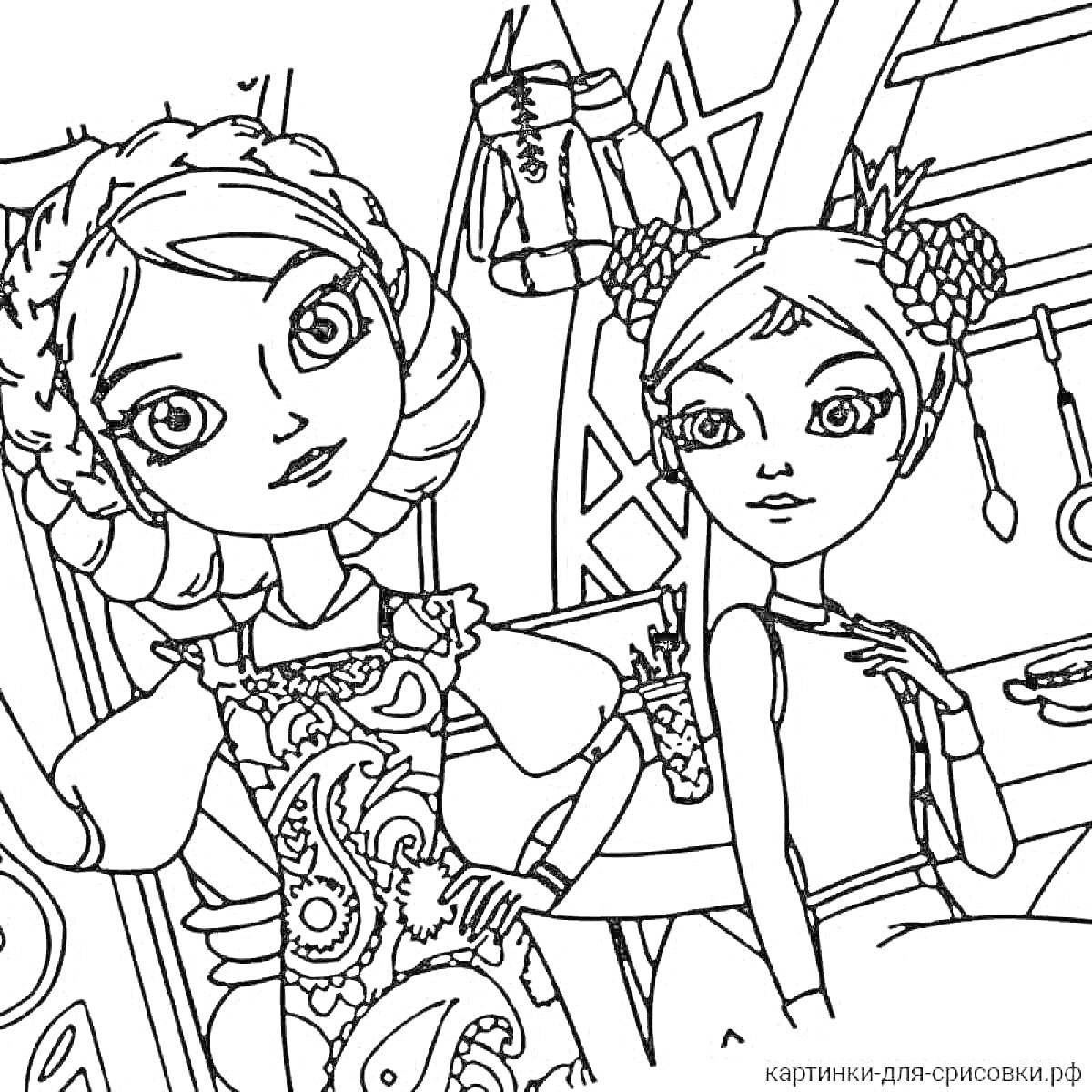 Раскраска Две царевны в нарядах с украшенными причёсками в помещении с полками и кухонной утварью
