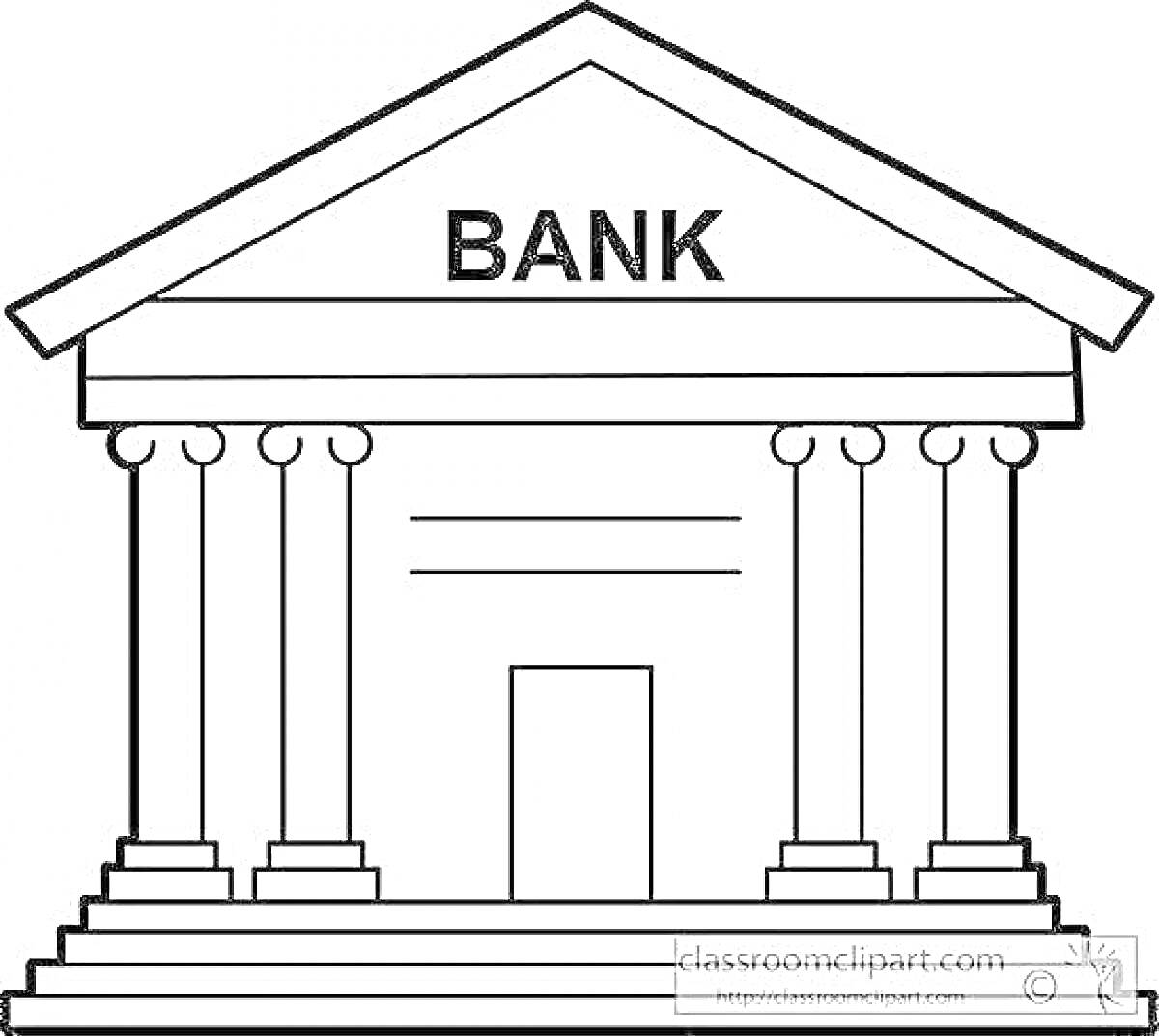 На раскраске изображено: Банк, Здание, Колонны, Ступени, Фасад, Архитектура, Вход, Классический стиль