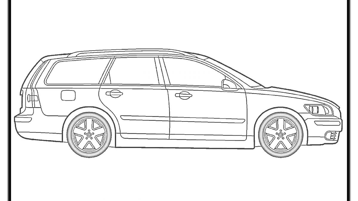 Раскраска Контурное изображение автомобиля Volvo универсал, вид сбоку с четырьмя колёсами, боковыми дверями, окнами, фарами и зеркалом.
