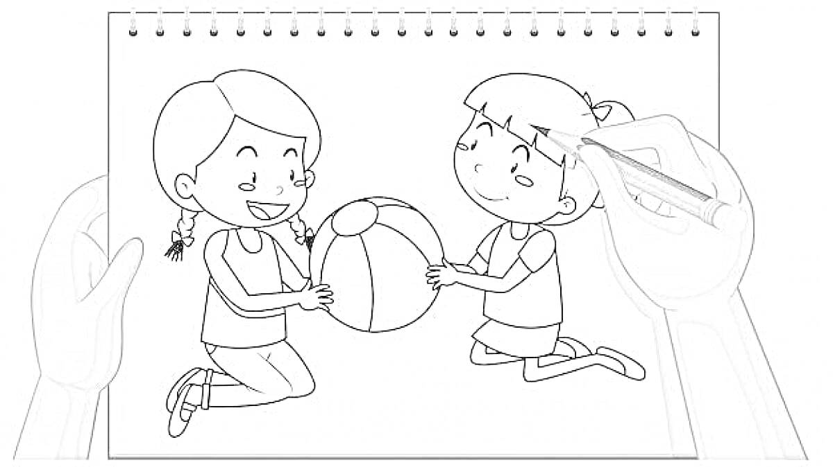 Раскраска Дети играют с мячом на раскраске, двое детей на корточках в окружении рук, держащих блокнот и карандаш