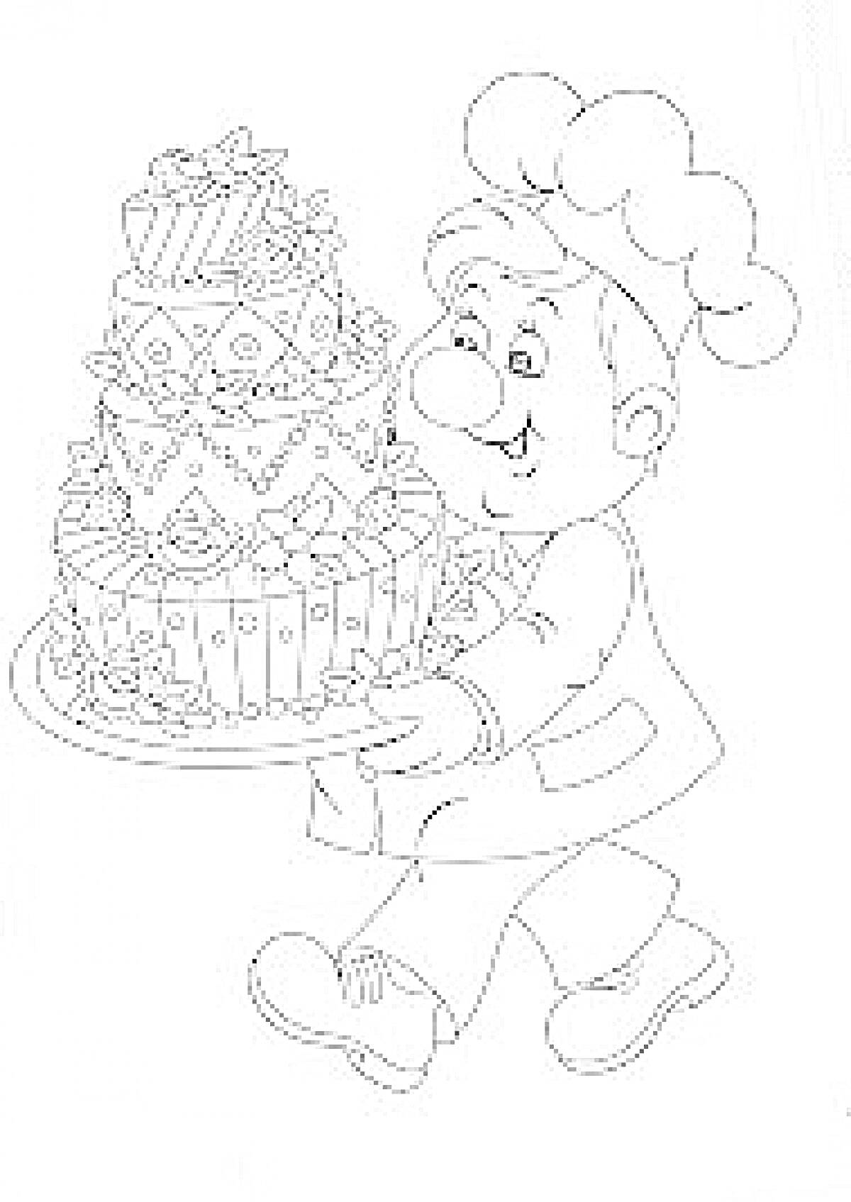 Раскраска Повар несёт многоярусный праздничный торт, украшенный цветами и узорами