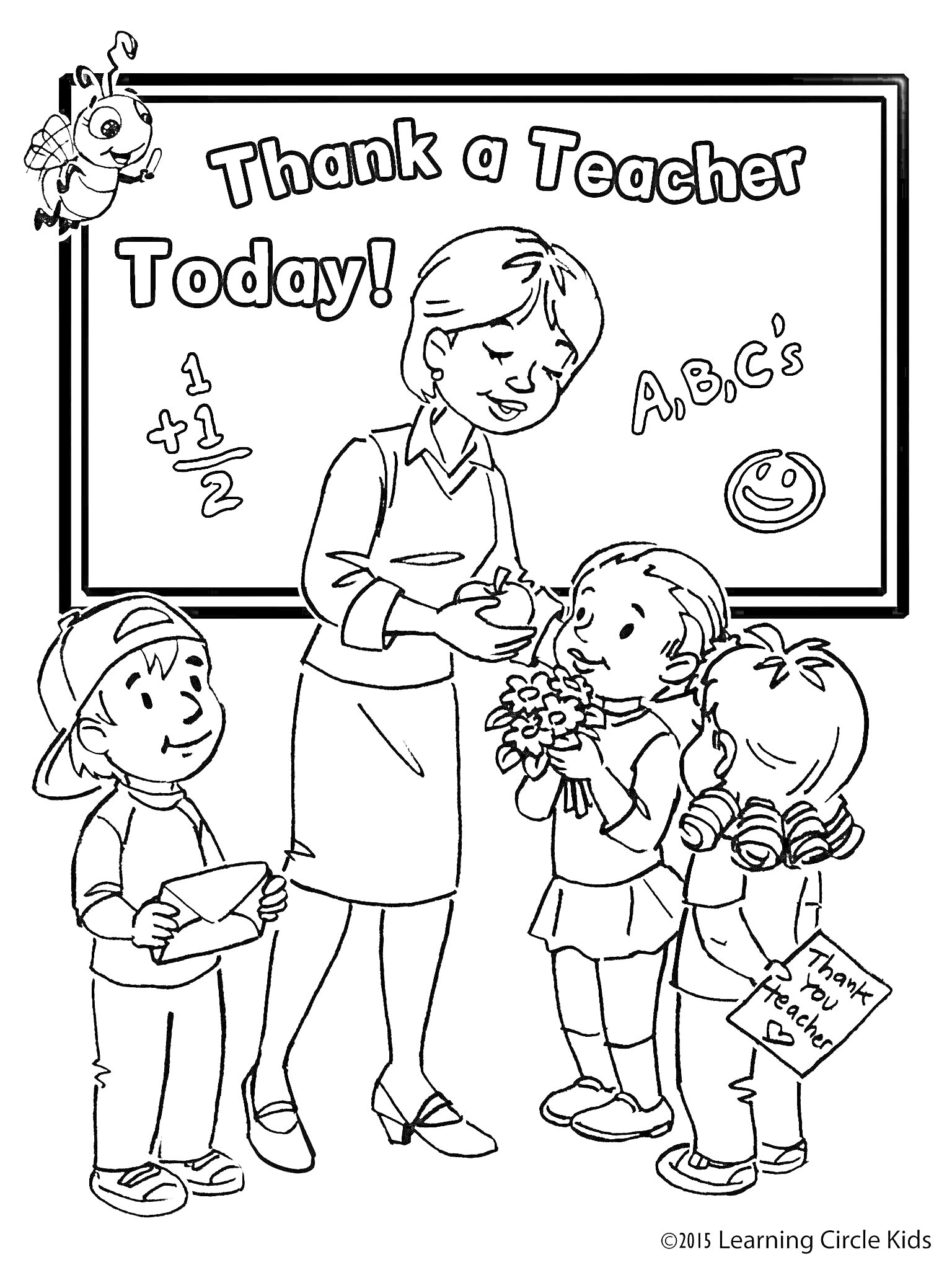 Раскраска Учитель с учениками у доски, один из учеников держит открытку, другой – букет цветов, третий благодарственную записку, надпись 
