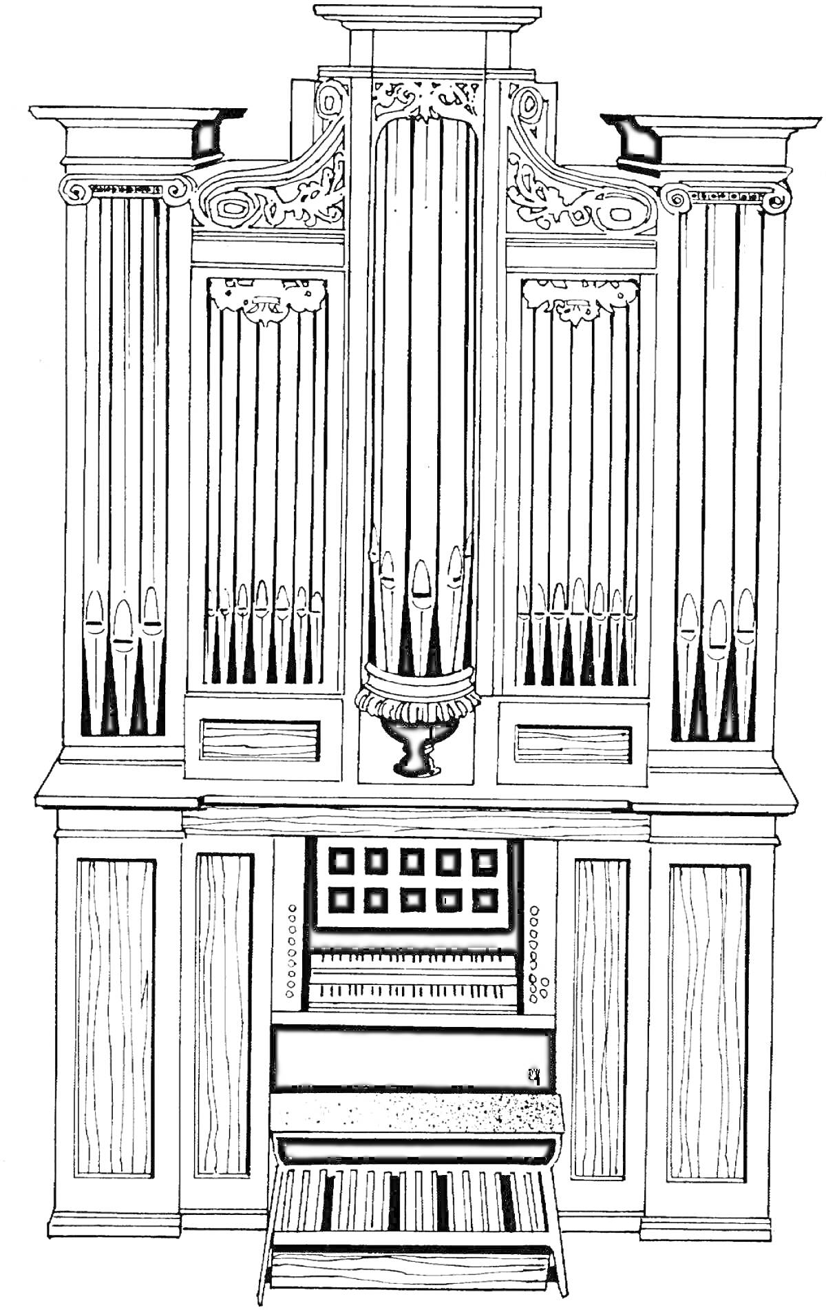 Раскраска Орган со множеством труб, клавиатурой, педалью и украшениями