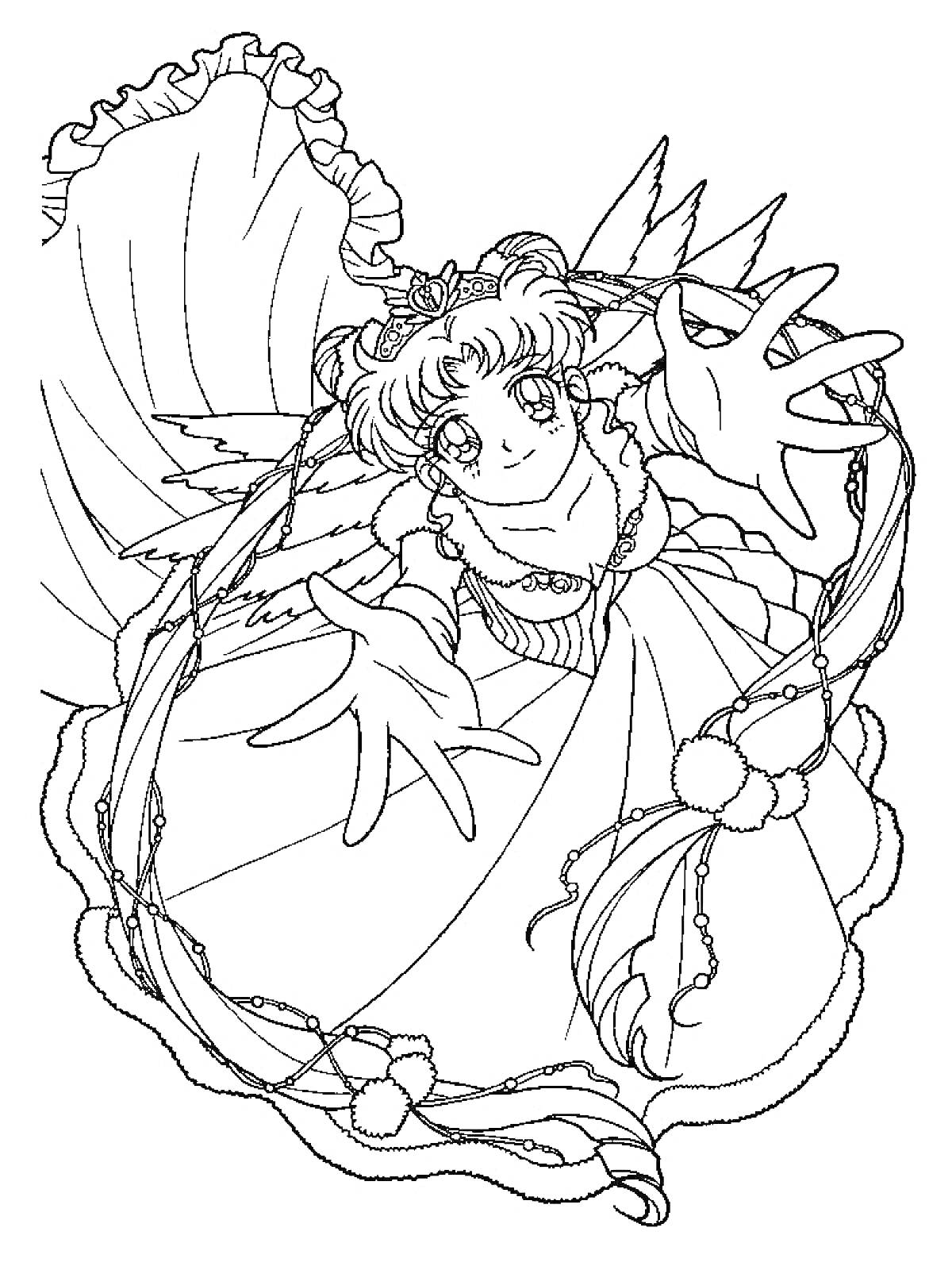 Раскраска Сейлормун с распущенными волосами и рюшами, в длинном платье с украшениями, с приподнятыми руками
