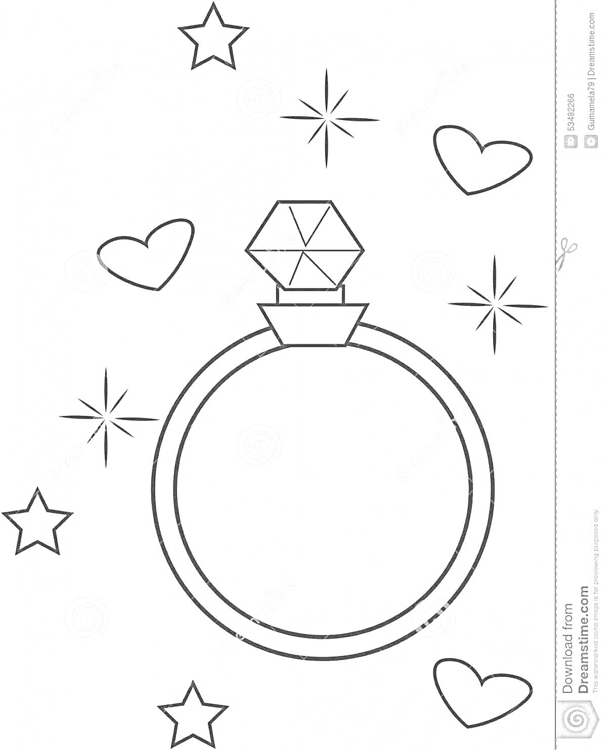 На раскраске изображено: Кольцо, Бриллиант, Звезды, Сердца, Искры, Для детей