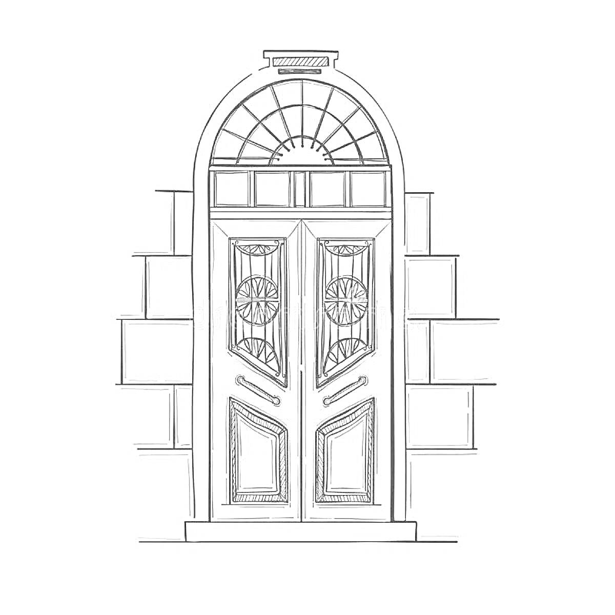Раскраска Дверь с арочным окном и декоративными элементами на стене