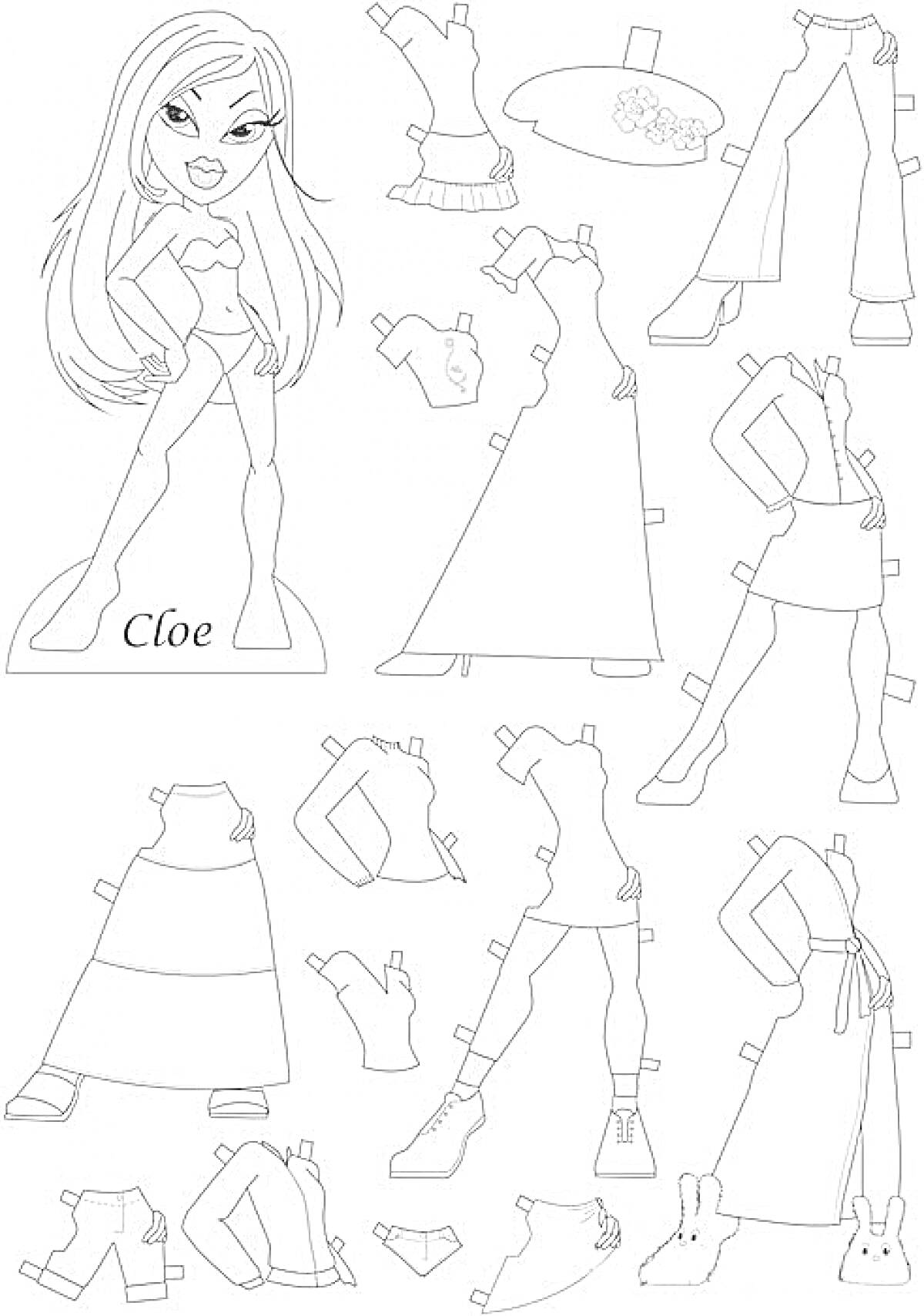 Раскраска Бумажная кукла Клоэ с гардеробом, включающим вечернее платье, футболку, шорты, обувь, аксессуары