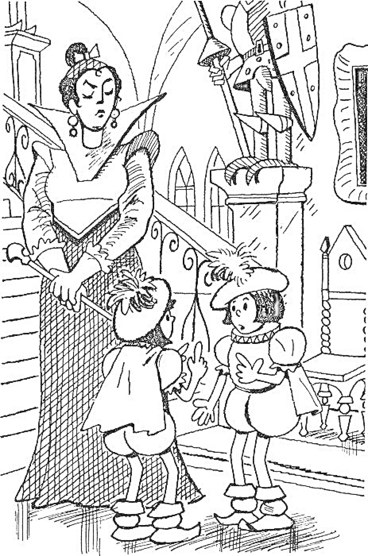 Раскраска Дама с двумя детьми и рыцарской броней на фоне лестницы и октагонного окна в королевстве кривых зеркал