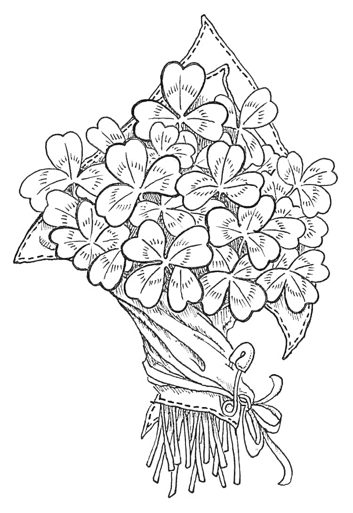 На раскраске изображено: Букет, Цветы, Листья, Ленточка