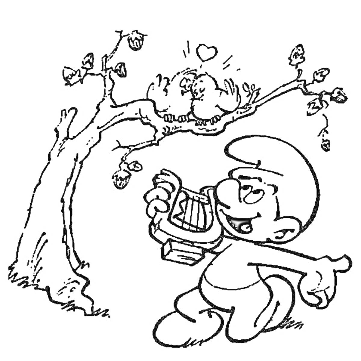 На раскраске изображено: Смурф, Лира, Любовь, Карикатура, Деревья