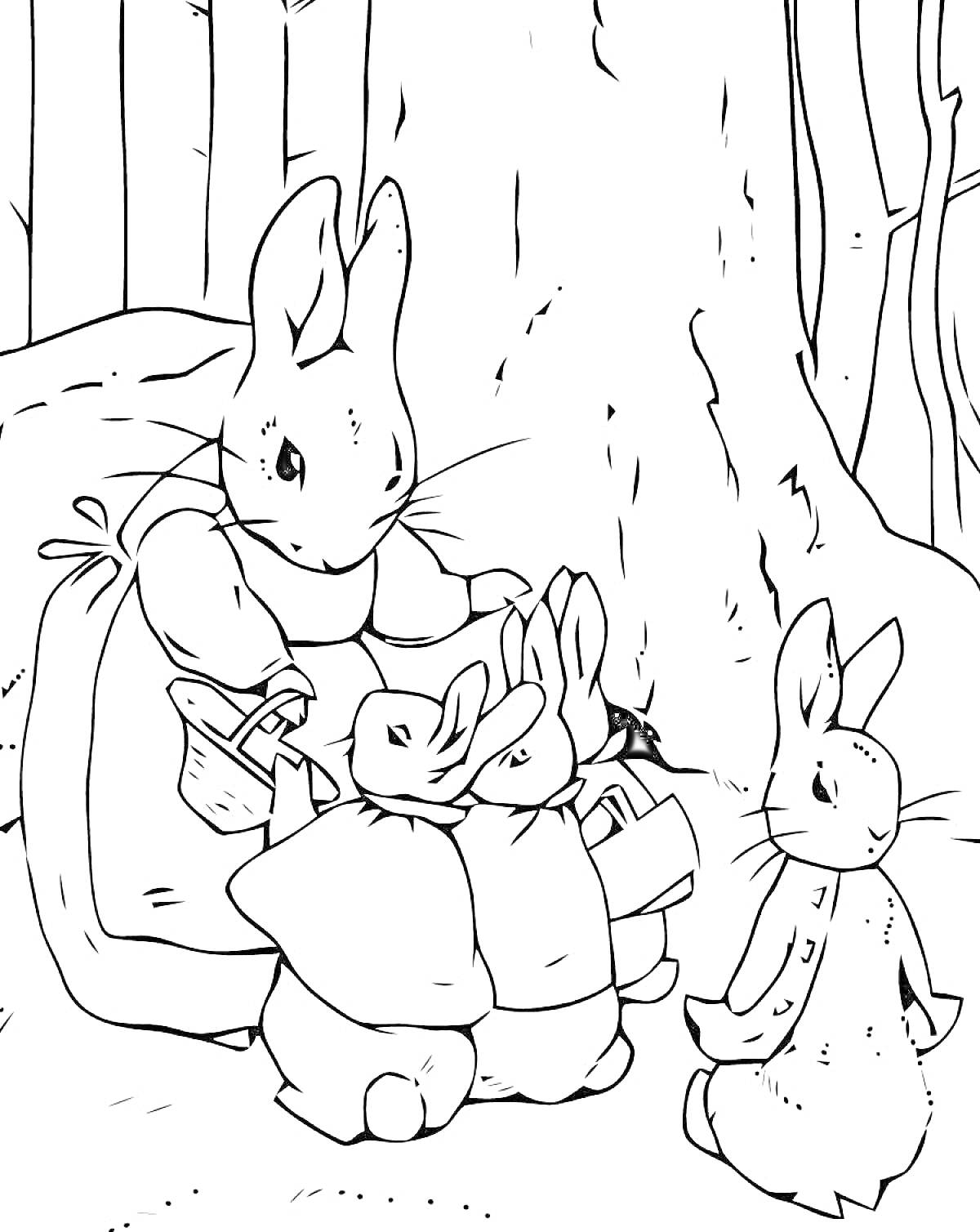 На раскраске изображено: Кролик, Лес, Родители, Природа, Из сказок, Для детей, Деревья, Животные