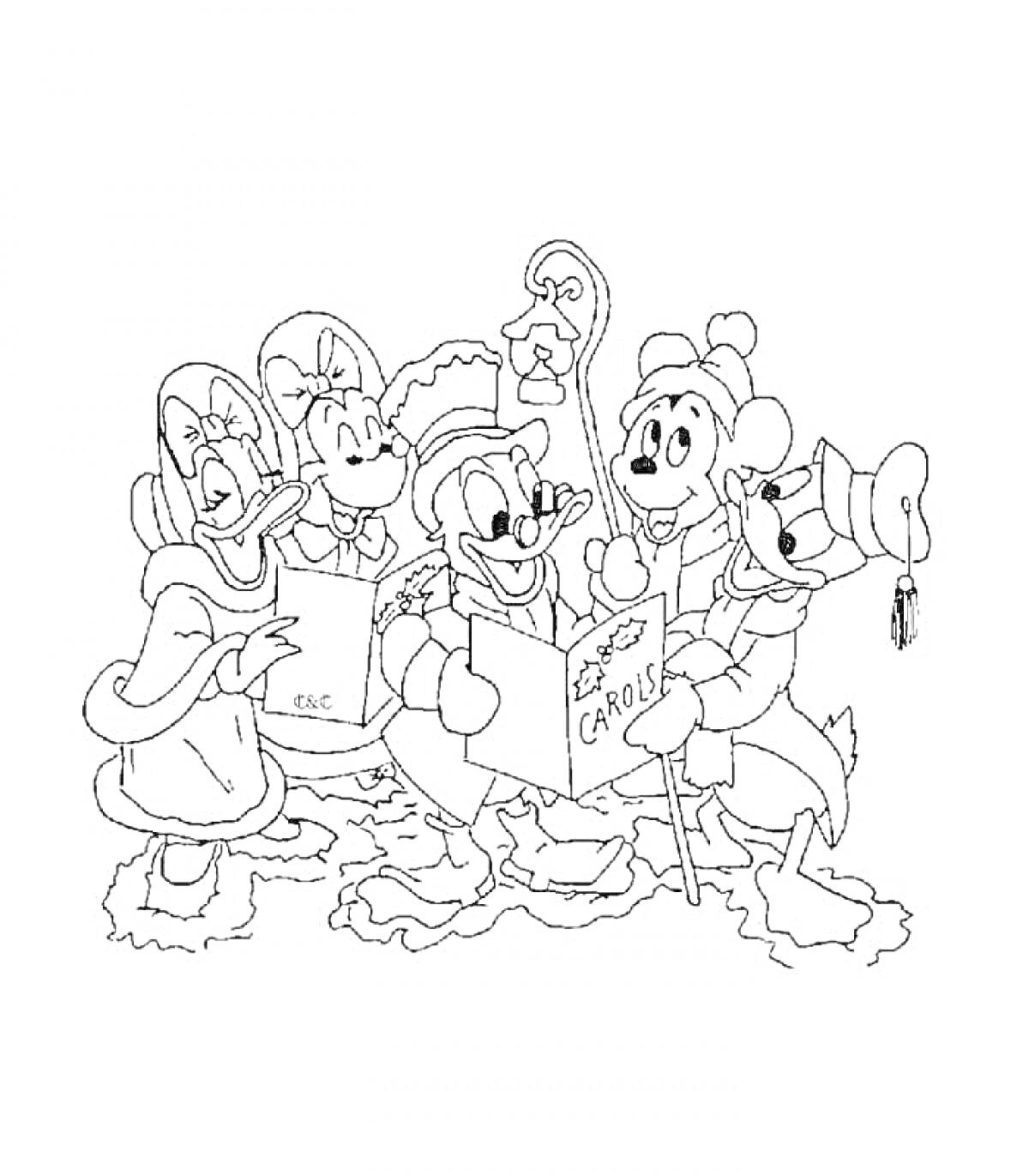 Раскраска Группа персонажей Диснея, поющих рождественские песни, в шапках и шарфах