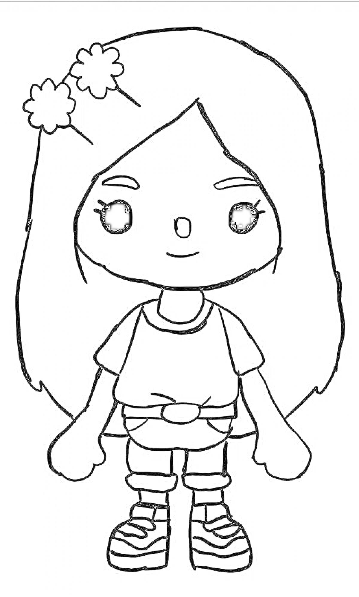 Раскраска Девочка с длинными волосами, цветами на голове, футболкой и шортами