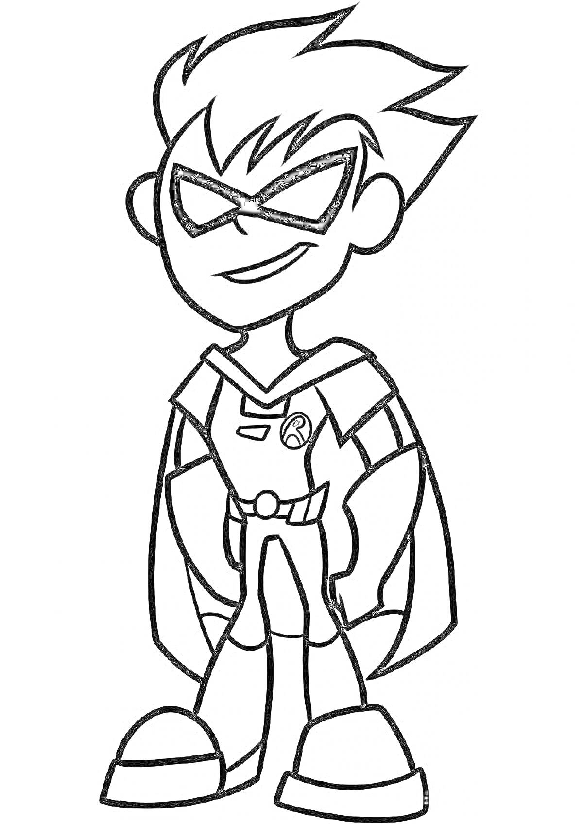 Раскраска Раскраска персонаж Робин в супергеройском костюме с плащом