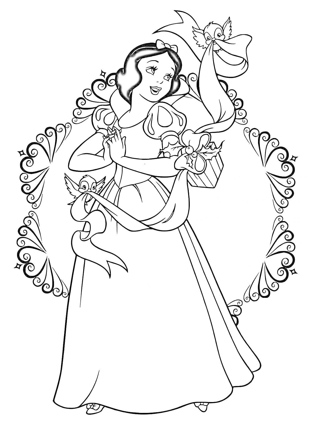 На раскраске изображено: Белоснежка, Принцесса, Орнамент, Платье, Для девочек