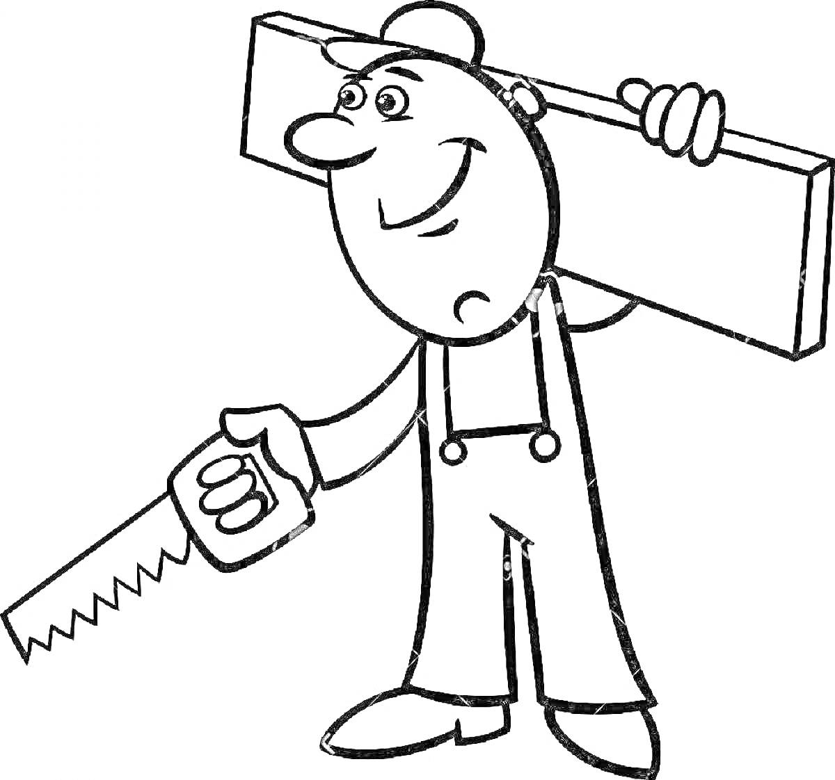 Раскраска Человек в кепке с доской на плече, держащий пилу в руке