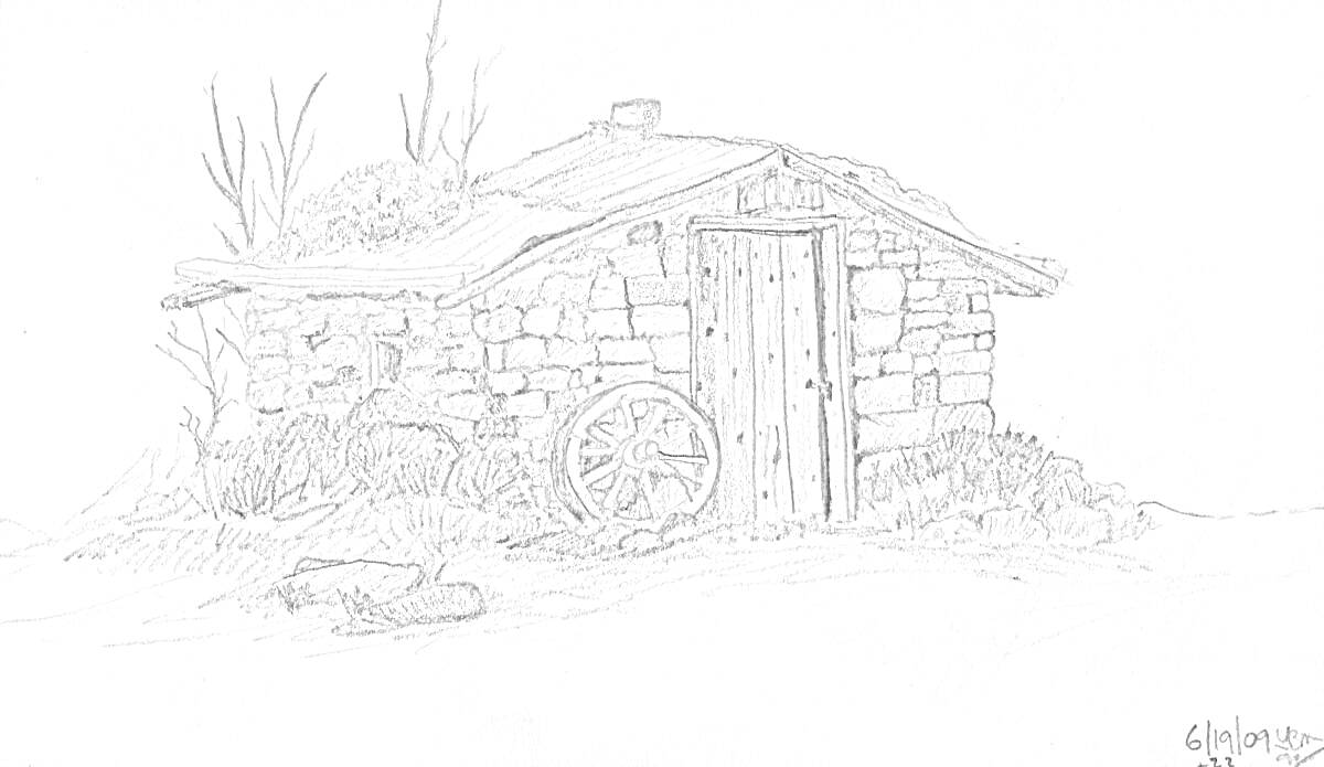 На раскраске изображено: Землянка, Старый дом, Телега, Дверь, Природа