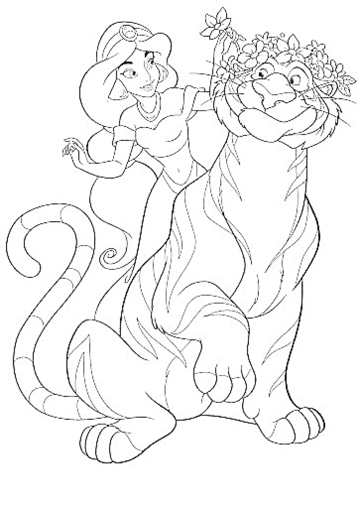 Раскраска Принцесса Жасмин украшает тигра цветами