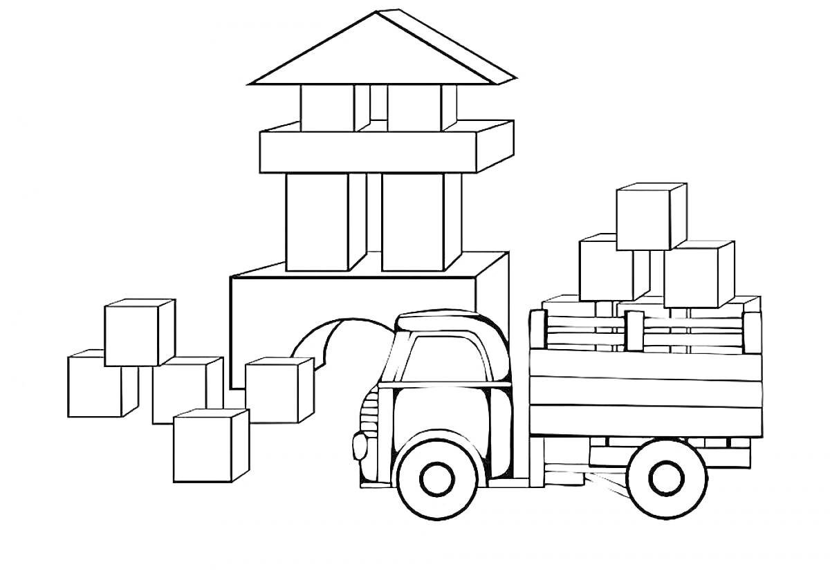 На раскраске изображено: Кубики, Игрушки, Архитектура, Транспорт, Для детей, Постройки, Грузовая машина