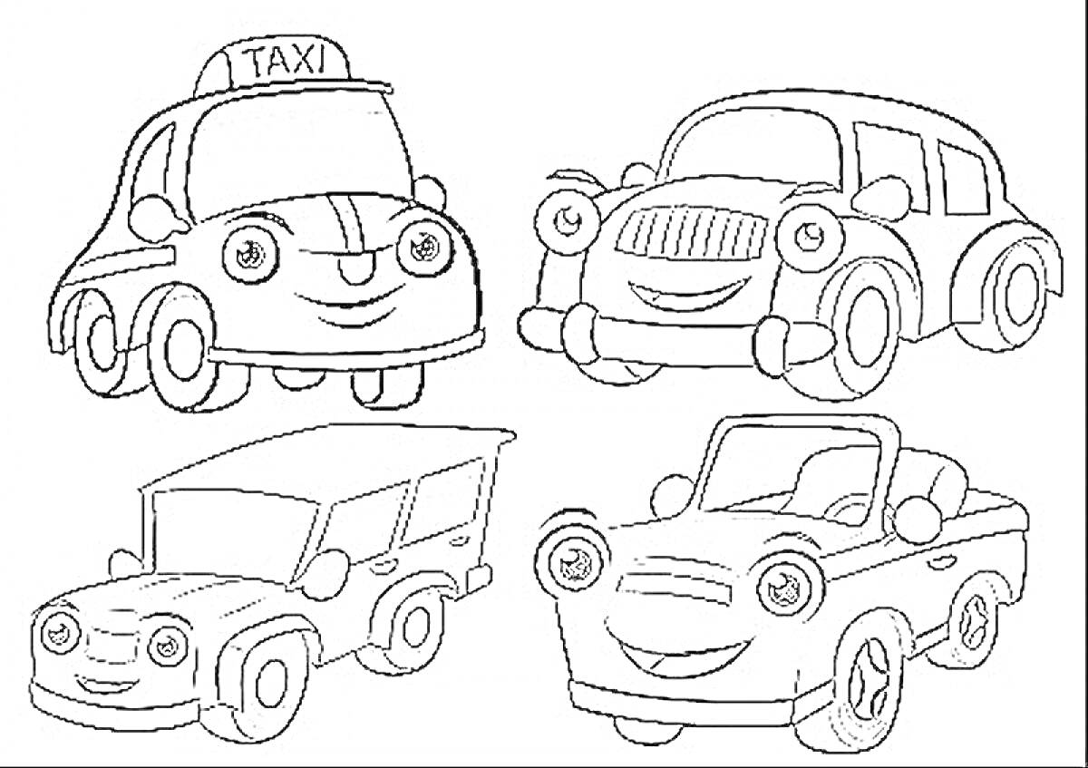 На раскраске изображено: Игры для мальчиков, 3 года, 4 года, Такси, Классический автомобиль, Внедорожник, Кабриолет, Улыбка