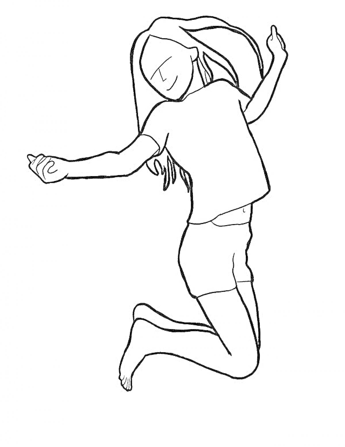 Раскраска Девочка в прыжке с поднятыми руками, футболка и шорты