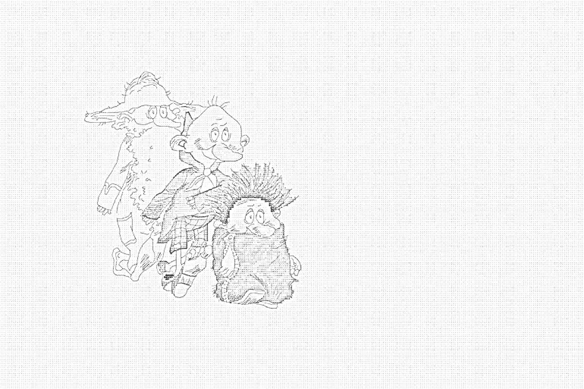 Раскраска Муфта, Полботинка и Моховая Борода в черно-белом варианте для раскрашивания