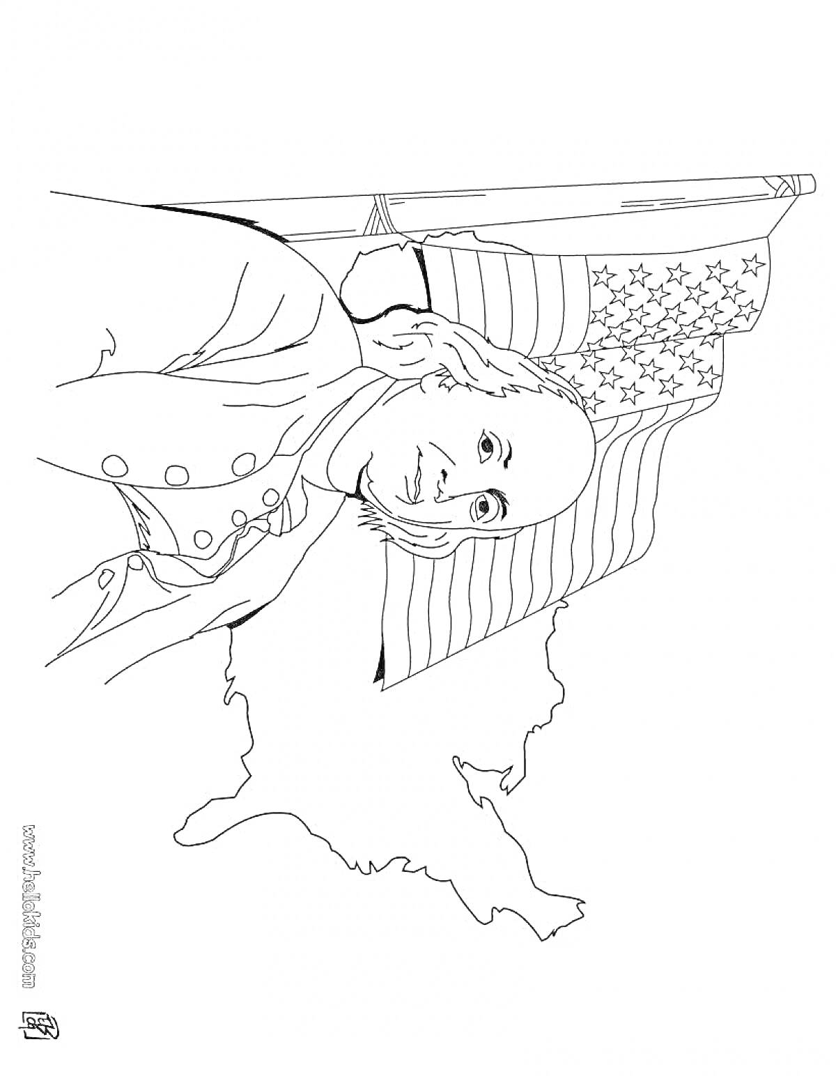 На раскраске изображено: Мужчина, Историческая одежда, Карта, Флаг США, Звезды, Полосы, Американский флаг