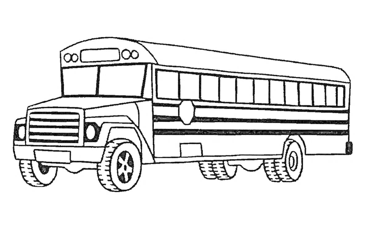 На раскраске изображено: Школьный автобус, Транспорт, Автобус, Колеса, Окна, Бампер, Учебное заведение, Поездка, Для детей, Дверь, Полосы